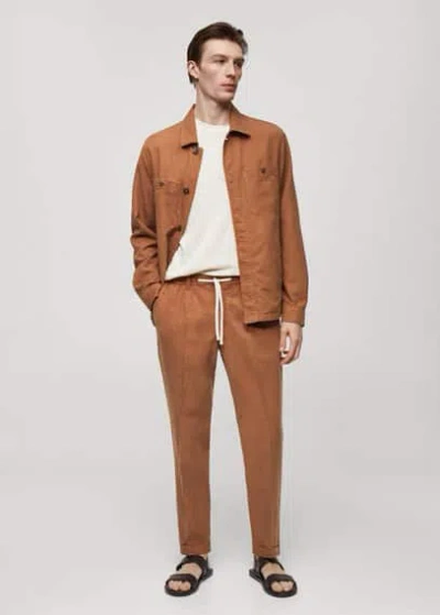 Mango Man Slim Fit Tencel Linen Overshirt Burnt Orange