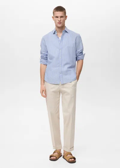 Mango Man Striped Cotton Linen Shirt Blue