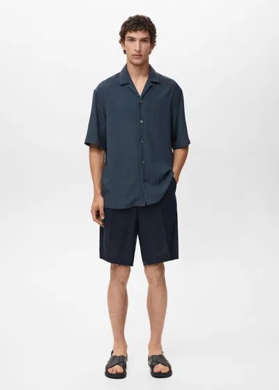 Mango Man Striped Embroidered Shirt Navy In Blue