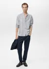 Mango Man Striped Mandarin-collar Linen Shirt Dark Navy In Dark Navy