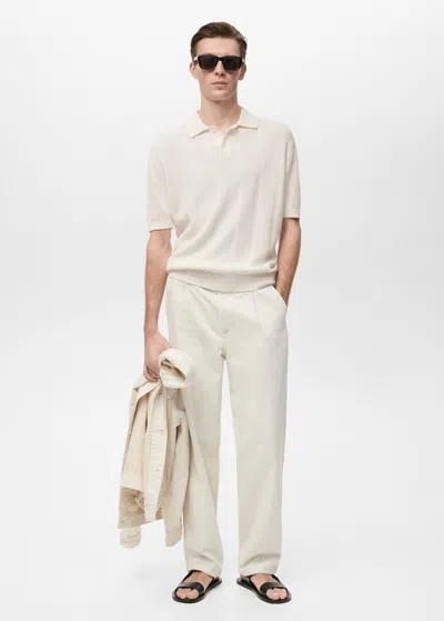 Mango Man Striped Openwork Knitte Polo Shirt Ecru
