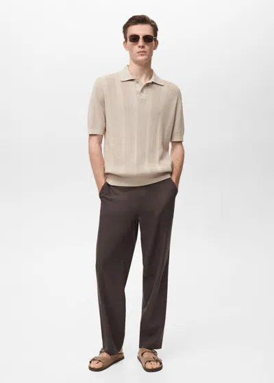 Mango Man Striped Openwork Knitte Polo Shirt Sand