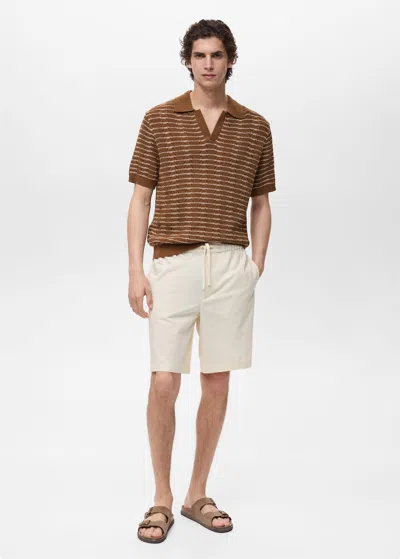 Mango Man Striped Openwork Knitte Polo Shirt Tobacco Brown