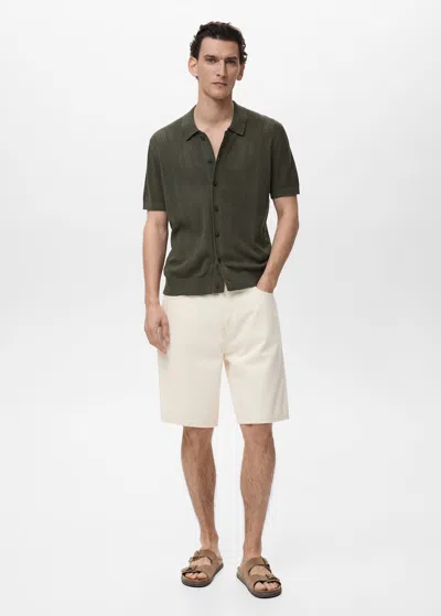 Mango Man Striped Openwork Knitted Shirt Khaki
