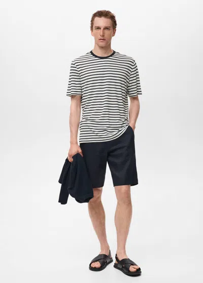 Mango Man Striped Slim-fit Linen T-shirt Navy