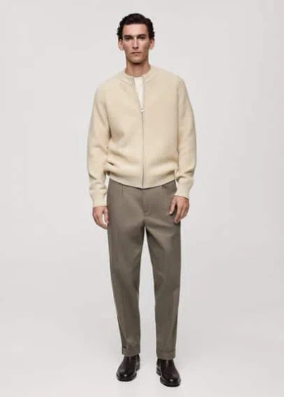 Mango Man Structured Knitted Cardigan With Zip Sand