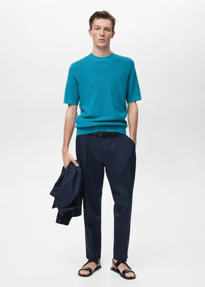 Mango Man Structured Knitted T-shirt Turquoise