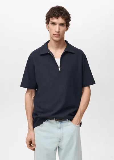 Mango Man Structured Polo With Zip Collar Dark Navy