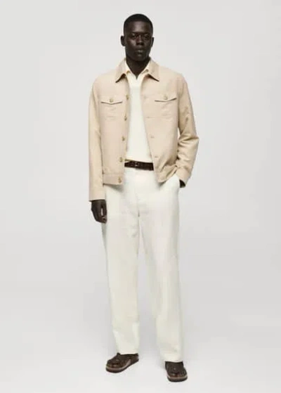 Mango Man Suede Effect Overshirt With Pockets Beige