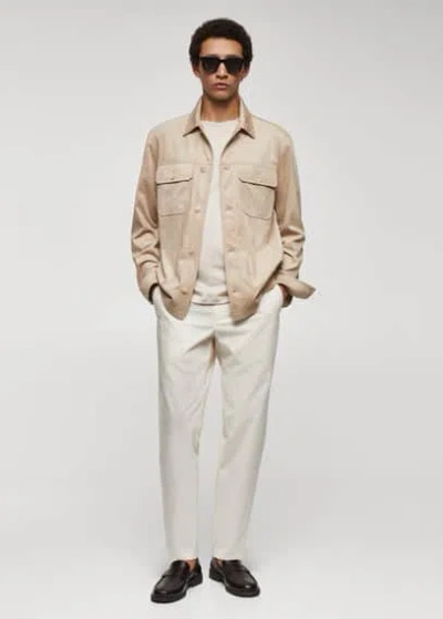 Mango Man Suede Effect Overshirt With Pockets Sand