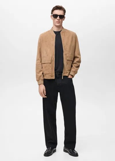 Mango Man Suede Leather Bomber Jacket Beige
