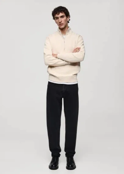 Mango Man Perkins-neck Sweater With Zip Ecru In Écru