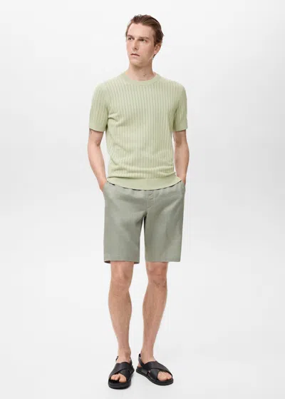 Mango Man Striped Openwork Cotton T-shirt Green Apple