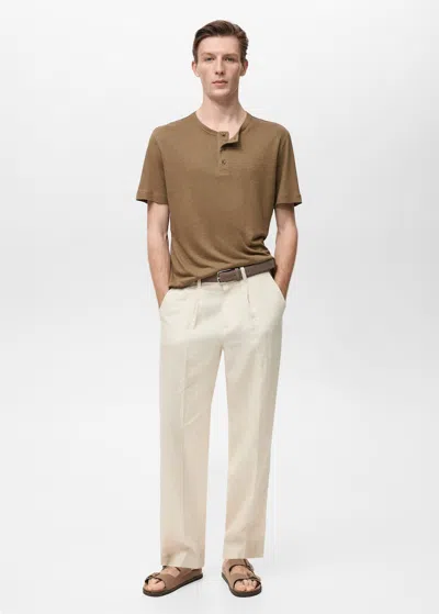 Mango Man Button Linen Blend T-shirt Khaki
