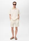 Mango Man Textured Cotton Bermuda Shorts With Drawstring Ecru
