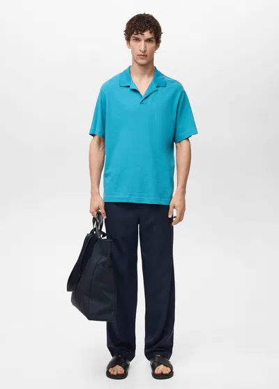 Mango Man Textured Cotton Polo Relaxed Fit Turquoise