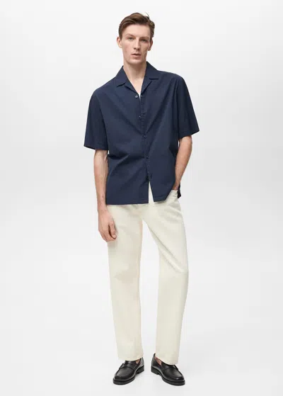 Mango Man Textured Shirt With Bowling Collar Dark Navy