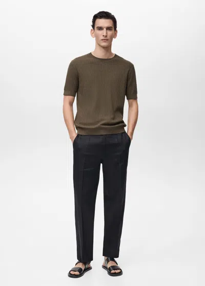 Mango Man Textured Striped T-shirt Brown