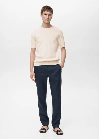 Mango Man Textured Striped T-shirt Ivory White