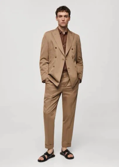 Mango Man Virgin Wool Cotton Suit Trousers With Darts Brown