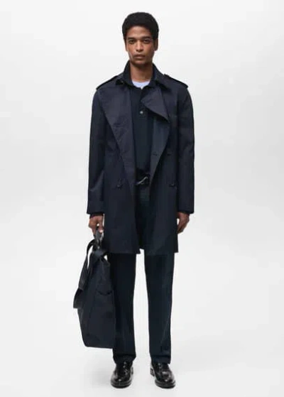 Mango Man Water Repellent Cotton Trench Coat With Belt Night Blue