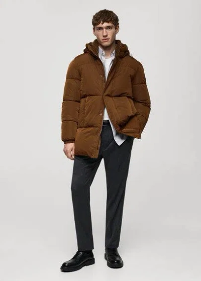 Mango Man Water-repellent Hooded Quilted Anorak Tobacco Brown