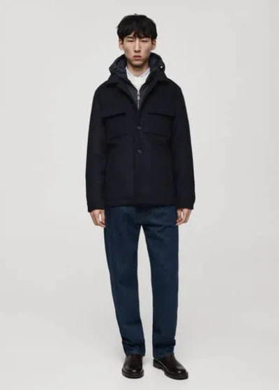 Mango Man Wool Blend Coat With Detachable Hood Dark Navy