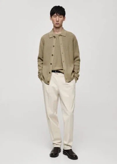 Mango Man Wool Blend Polo Cardigan Mink Grey
