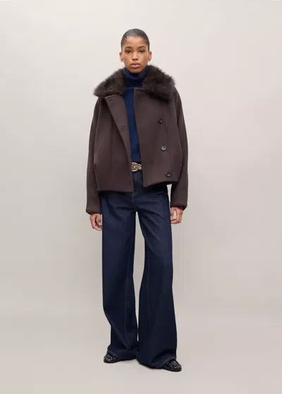 Mango Manteau Court À Col Fourrure In Brown