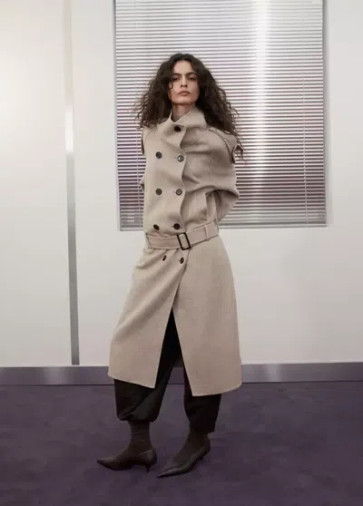 Mango Manteau En Laine À Col Cheminée Avec Ceinture In Marron Moyen