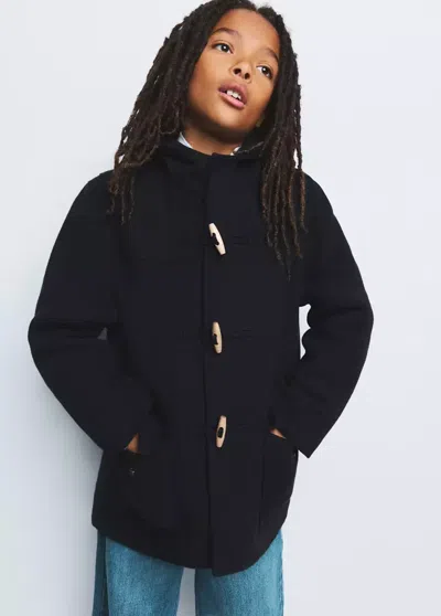 Mango Kids' Manteau Laine Mélangée Capuche In Bleu Marine
