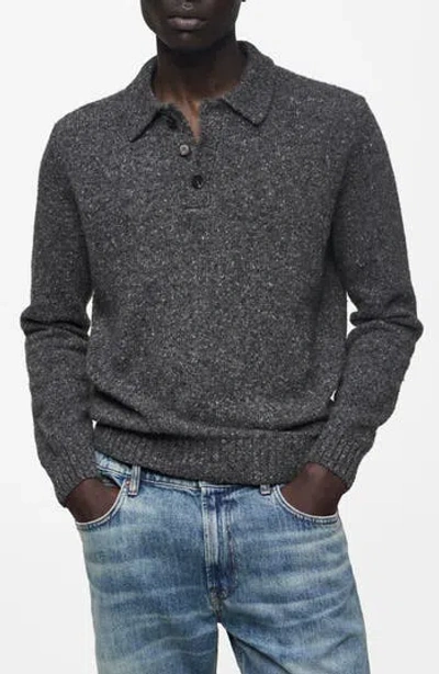 Mango Marbled Wool Blend Knit Polo Sweater In Gray