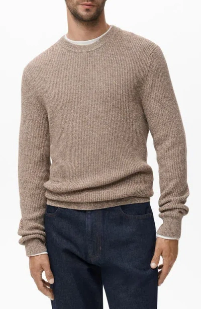 Mango Marled Cotton Crewneck Sweater In Brown