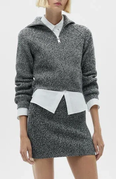 Mango Marled Half Zip Sweater In Black