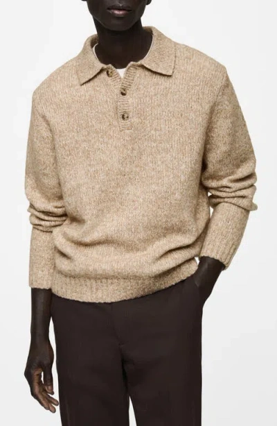 Mango Marled Long Sleeve Polo Sweater In Mink Grey