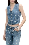 Mango Massy Daisy Embroidered Denim Crop Vest In Blue