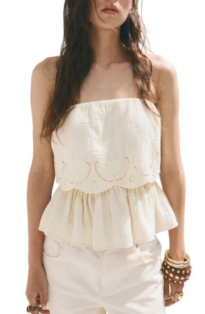 Mango Maui Openwork Embroidered Strapless Gauze Peplum Top In White