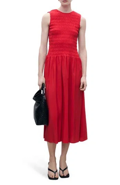 Mango Maya Shirred Sleeveless Flare Midi Dress In Red