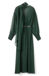 Mango Medallion Print Long Sleeve Dress With Removable Scarf In Green