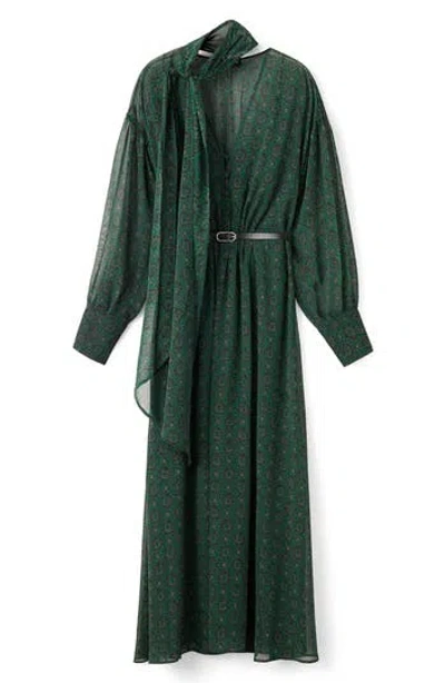 Mango Medallion Print Long Sleeve Dress With Removable Scarf In Green