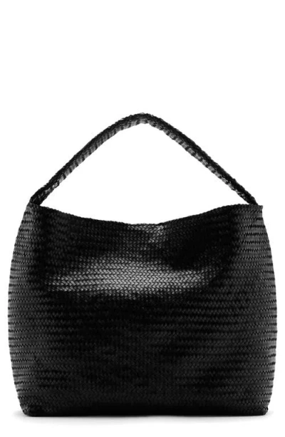 Mango Medium Braided Leather Bucket Bag In Black