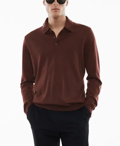 Mango Men's 100% Merino Wool Long- Sleeved Polo Shirt In Wine