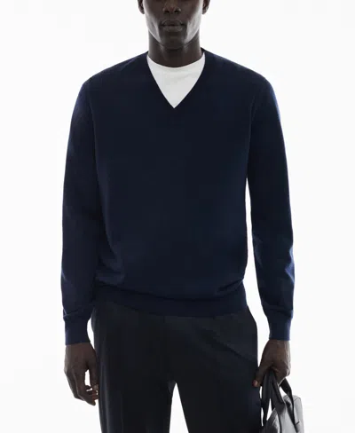 Mango Men's 100% Merino Wool V-neck Sweater In Dark Navy
