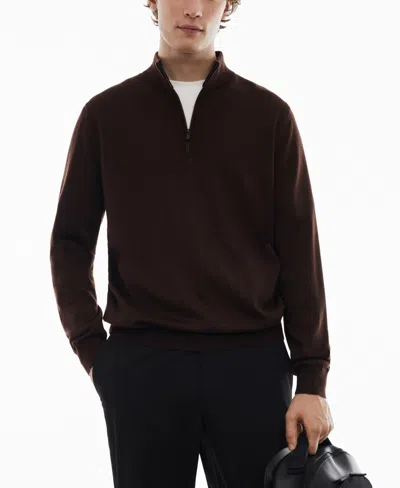 Mango Men's 100% Merino Wool Zipper Collar Sweater In Chocolate