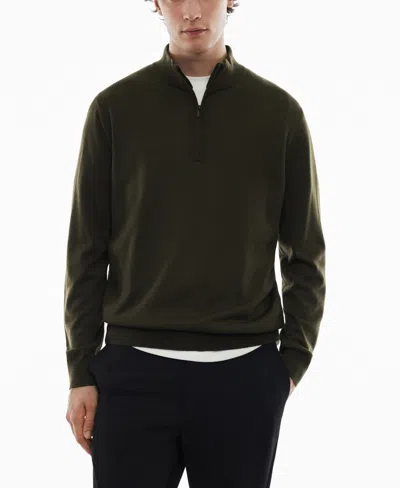 Mango Men's 100% Merino Wool Zipper Collar Sweater In Khaki Green