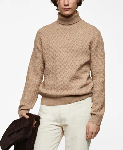 Mango Men's Braided Turtleneck Sweater In Medium Brown