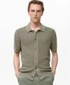 Mango Textured Short Sleeve Knit Button-up Shirt In Green