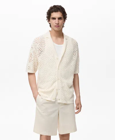 Mango Cotton Mix Open Collar Crochet Short Sleeve Shirt In Yellow