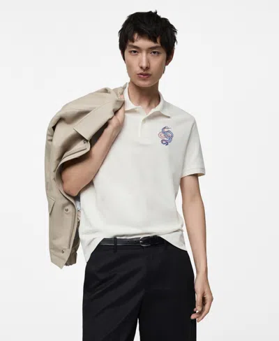 Mango Men's Embroidered Graphic Cotton Polo Shirt In White