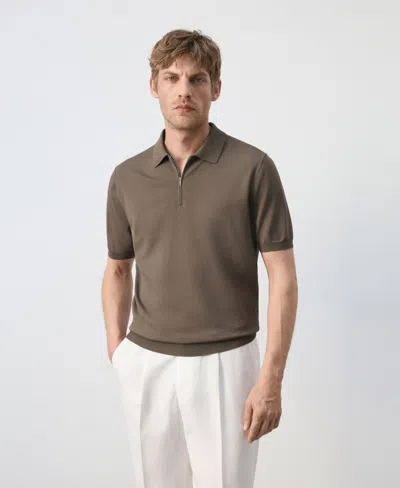 Mango Men's Knitted Zip Polo Shirt In Medium Brown